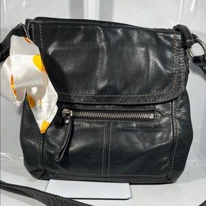Fossil Black Leather Crossbody Bag with Scarf Accent